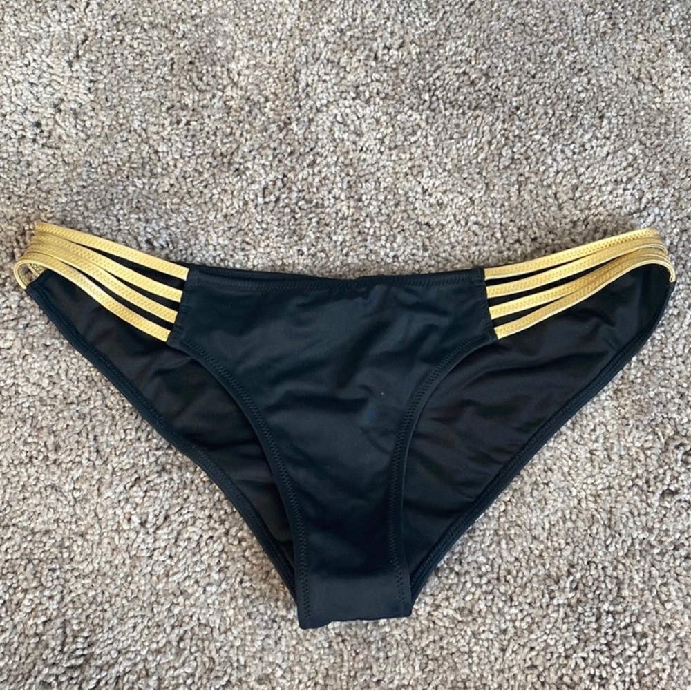 Victorias Secret Swim Bikini Bottom Black W/ Gold Straps Size Medium